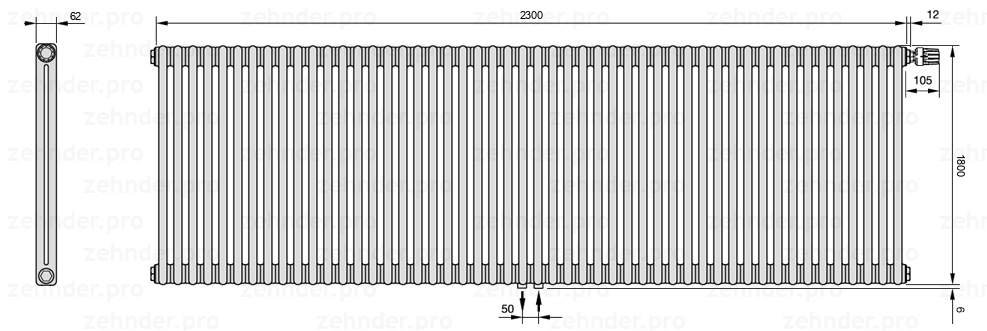 Схема (чертеж) Радиатор Zehnder Charleston 2180/50 №V008 Белый глянцевый RAL 9016